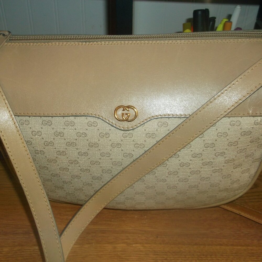 Gucci Vintage Cream Coated Canvas Micro GG's and Tan Leather Trim Shoulder Bag